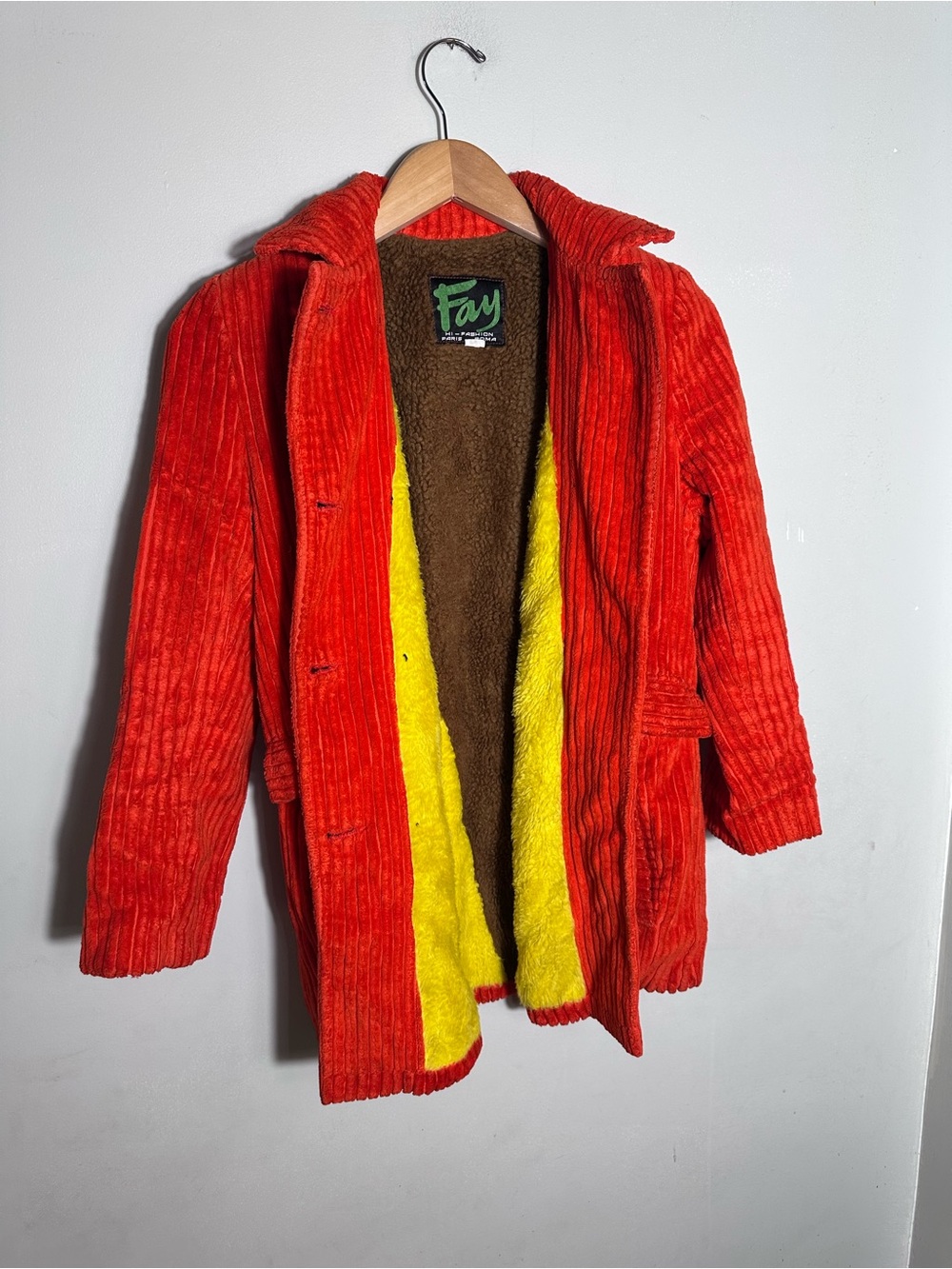 Vintage Fay Orange Corduroy Coat with Yellow and Brown Interior